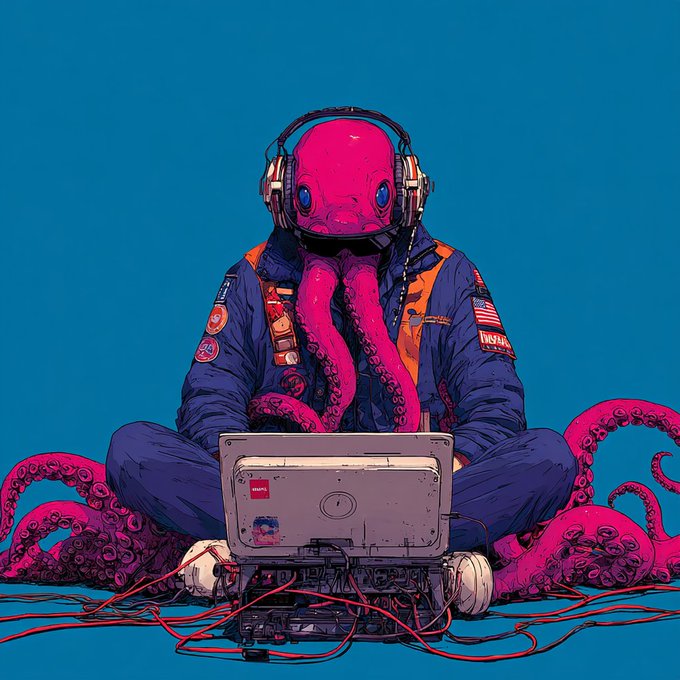 A digital illustration shows an astronaut with a pink octopus for a head wearing headphones, sitting cross-legged while working on a laptop surrounded by tentacles.