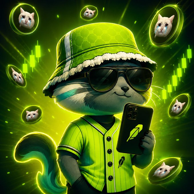 A stylized digital illustration of a cool cat wearing a green bucket hat, sunglasses, and green shirt holding a smartphone, surrounded by floating crying cat emojis and candlestick chart patterns.