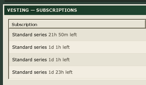 A "VESTING — SUBSCRIPTIONS" panel shows four "Standard series" entries with time remaining, including "21h 50m left," "1d 1h left" (x2), and "1d 23h left," humorously illustrating the poster's confession of repeatedly DCA-ing into $NET through multiple active subscription orders.