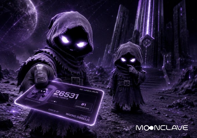A dark fantasy promotional image featuring two hooded figures with glowing purple eyes, displaying a MOONCLAVE leaderboard card showing user 'waxing gibbous' ranked #1 with 26,531 total points.