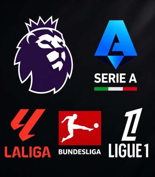 A promotional graphic featuring the Premier League lion logo and logos for 'SERIE A' (Italian), 'LALIGA' (Spanish), 'BUNDESLIGA' (German), and 'LIGUE 1' (French) football leagues on a dark background.