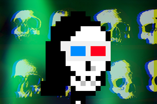 Pixel-art Grim Reaper figure wearing red and blue 3D glasses, set against a green background patterned with blue and yellow skulls.