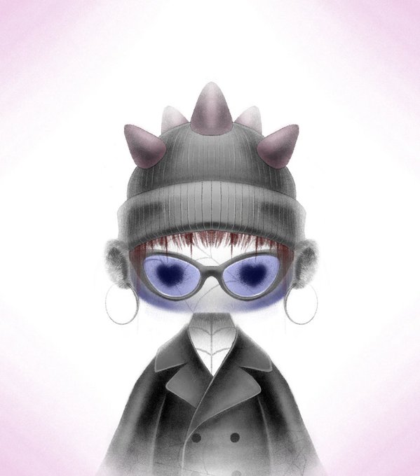 A digital illustration of a mysterious figure wearing a spiked beanie, dark sunglasses, hoop earrings, and a black trench coat, with a cracked pattern on their face.
