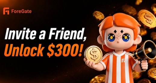 A promotional banner for 'ForeGate' with the tagline 'Invite a Friend, Unlock $300!' featuring a cartoon mascot character with orange hair holding a coin and a megaphone, surrounded by floating gold coins.