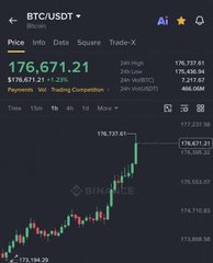 A Binance app screenshot showing the BTC/USDT trading pair at $176,671.21, up 1.24%, with a 24-hour high of $176,777.61 and a green price chart.