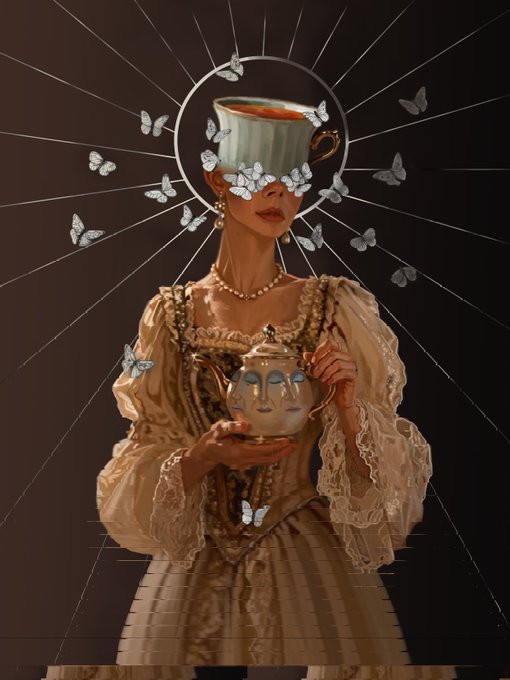 A surreal AI-generated artwork of a woman in a vintage cream-colored lace dress holding a face-shaped teacup, with a teacup for a head surrounded by a halo of butterflies against a dark background with radiating light beams.