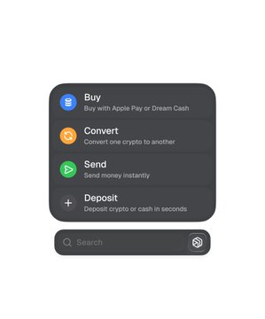The image shows a computer screen with an app icon, which appears to be related to Bitcoin or cryptocurrency trading. There are four buttons on the screen, each representing different actions such as buying, selling, converting, sending money, and depositing funds into a Bitcoin wallet. The text in the image suggests that these actions can be performed through a mobile device, possibly an iPhone, with the app being used for Bitcoin trading or cryptocurrency transactions.