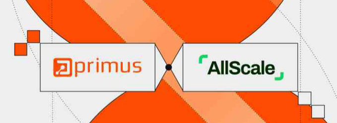 A graphic displays the logos of two companies, 'primus' (orange) and 'AllScale' (green), positioned against a background of overlapping orange and red geometric shapes.
