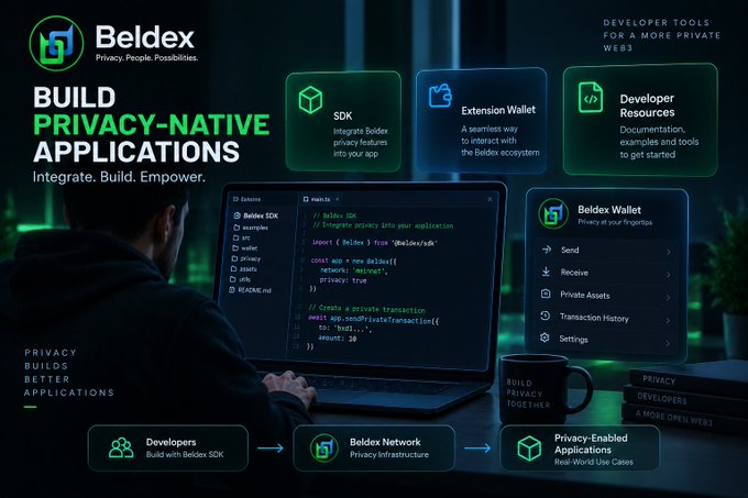 A Beldex promotional graphic titled 'BUILD PRIVACY-NATIVE APPLICATIONS' showing developer tools including SDK, Extension Wallet, and Developer Resources.