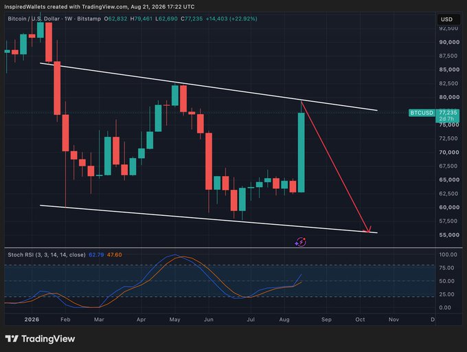 A TradingView weekly chart of Bitcoin/USD on Bitstamp shows the price at $77,235 (up 22.92%), caught between descending channel resistance near $80,000 and support around $60,000, with a red arrow projecting a potential breakdown toward $55,000, while the Stochastic RSI at 67.60 reflects the post's uncertainty about whether this is the start of a new bull run or just a dead cat bounce at a make-or-break level.