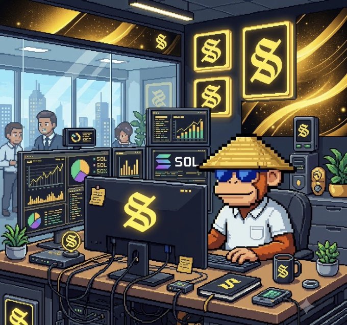A pixel art illustration shows a monkey character wearing a straw hat and sunglasses working at a desk with multiple monitors displaying financial charts and a 'SOL' logo.