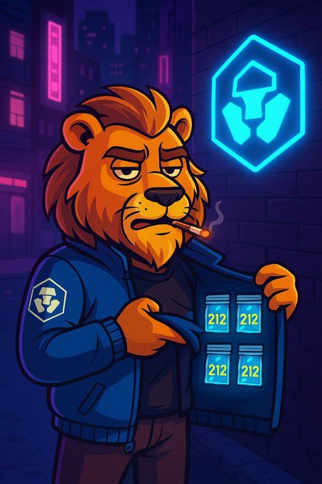A cartoon lion wearing a blue Crypto.com jacket smokes a cigar while opening his coat to reveal vials labeled "212" lining the inside, accompanied by a glowing Crypto.com logo in a neon-lit alleyway, visually symbolizing the post's claim that "212" is the best thing for Crypto.com and Cronos.
