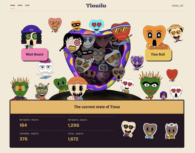 The Tinuilu NFT project homepage showing character artwork and statistics: 184 metadata traits, 1,296 internal assets, 376 internal assets, 1,672 total assets.