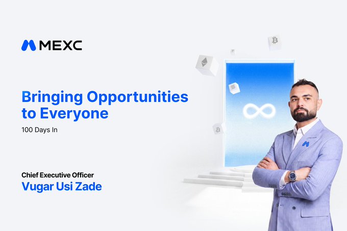 A promotional image for "MEXC" cryptocurrency exchange featuring CEO "Vugar Usi Zade" in a light blue suit, with the text "Bringing Opportunities to Everyone" and "100 Days In".