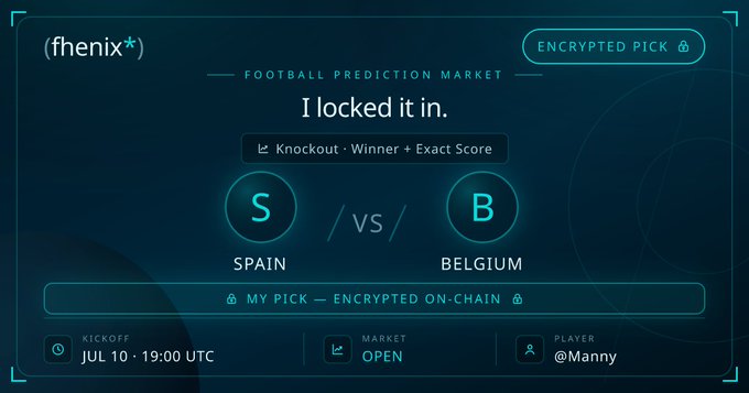 A dark blue promotional graphic for (fenix) Football Prediction Market with the text 'I locked it in' for a Knockout match between Spain (S) and Belgium (B), noting the kickoff is JUL 10 · 19:00 UTC and the player is @Manny.