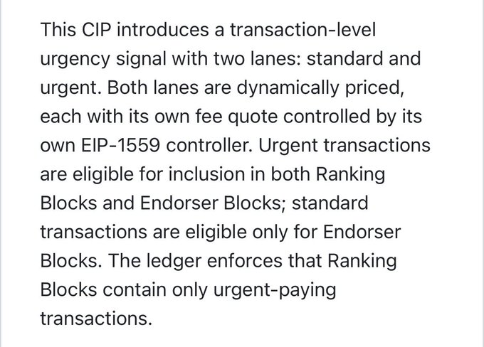 A text excerpt describing a CIP (Cardano Improvement Proposal) that introduces a transaction-level urgency signal with two dynamically priced lanes—standard and urgent—controlled by EIP-1559 controllers for Ranking and Endorser Blocks.
