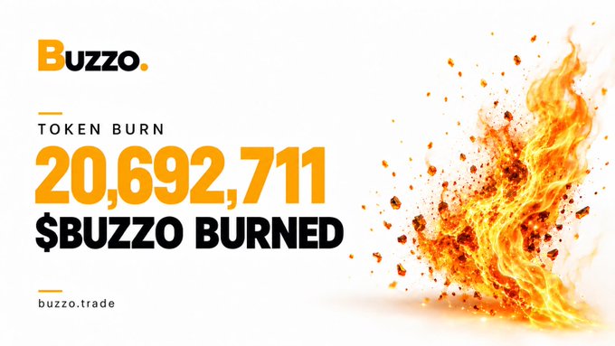 A promotional banner for 'BUZZO' announcing a token burn of '20,692,711 $BUZZO BURNED' at buzzo.trade, accompanied by an illustration of flames and sparks.