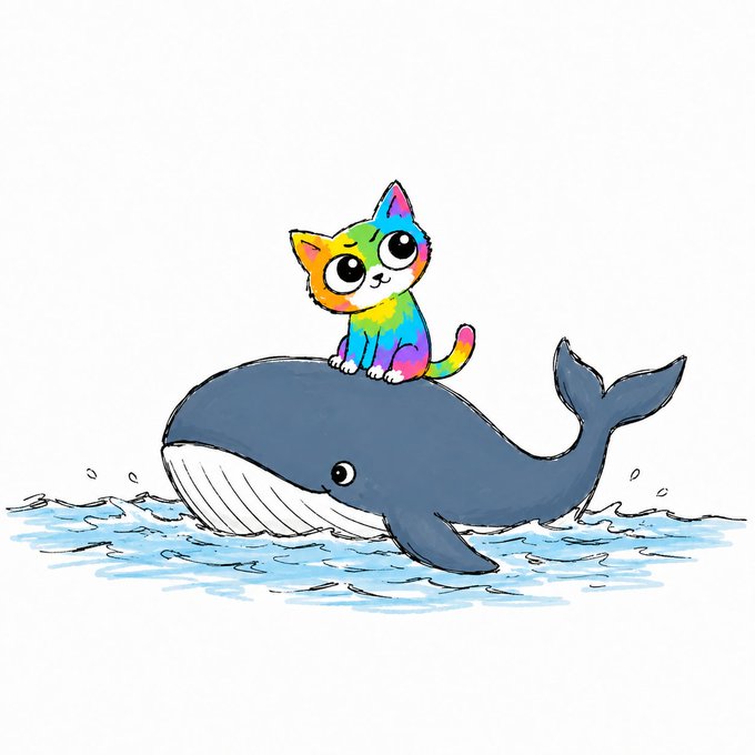A cartoon illustration of a vibrant, rainbow-colored cat with large eyes sitting on the back of a smiling, blue whale in stylized water.