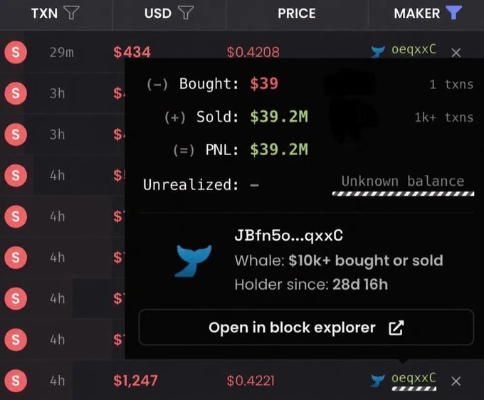 Bullx trading interface showing a transaction popup for wallet 'JBfn5o...qxxC' with bought $39, sold $39.2M, PNL $39.2M, and a whale tag for 10k+ bought or sold.