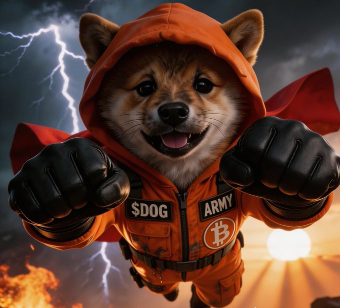 A cartoon Shiba Inu dog wearing an orange hoodie and black boxing gloves, with '$DOG ARMY' patches and a Bitcoin logo, posed against a stormy, fiery background.