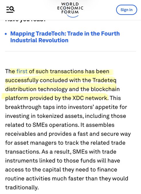 The image shows a World Economic Forum webpage discussing "Mapping TradeTech: Trade in the Fourth Industrial Revolution," highlighting successful trade transactions using Tradeteq distribution technology and the XDC Network blockchain platform. This supports the post by demonstrating the WEF's recognition of XDC Network's role in tokenizing trade assets and providing faster capital access for SMEs.