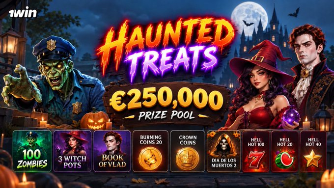 A promotional banner for 1win's "Haunted Treats" Halloween-themed event featuring a €250,000 prize pool, showcasing spooky characters including a zombie police officer, a witch, and a vampire alongside a haunted castle backdrop. The banner displays featured games like 100 Zombies, 3 Witch Pots, Book of Vlad, and Dia de los Muertos 2, reinforcing the post's announcement of Endorphina's Halloween-themed tournament now live on the platform.