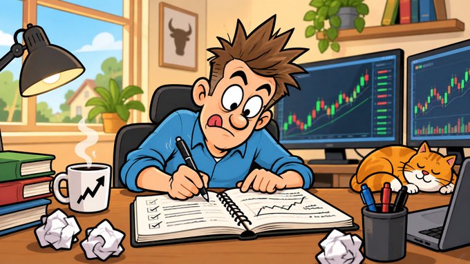 A cartoon illustration of a stressed-looking man at a desk analyzing stock charts on multiple monitors, with a coffee mug, crumpled papers, and an orange cat sleeping beside him.