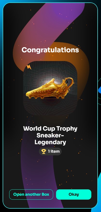 Congratulations screen for winning a 'World Cup Trophy Sneaker—Legendary' rare item in what appears to be a loot box or gacha game.