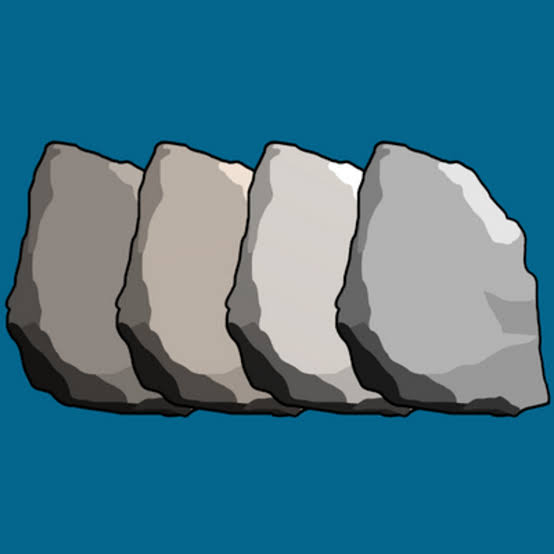 An illustration shows four rough, gray stone tablets or rocks standing upright against a solid teal background.