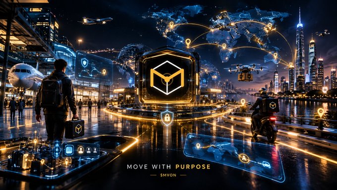 A futuristic cityscape at night features a glowing golden cube logo, drones, a motorcycle, and a person with luggage, with text reading "MOVE WITH PURPOSE" and "SMVON" below.