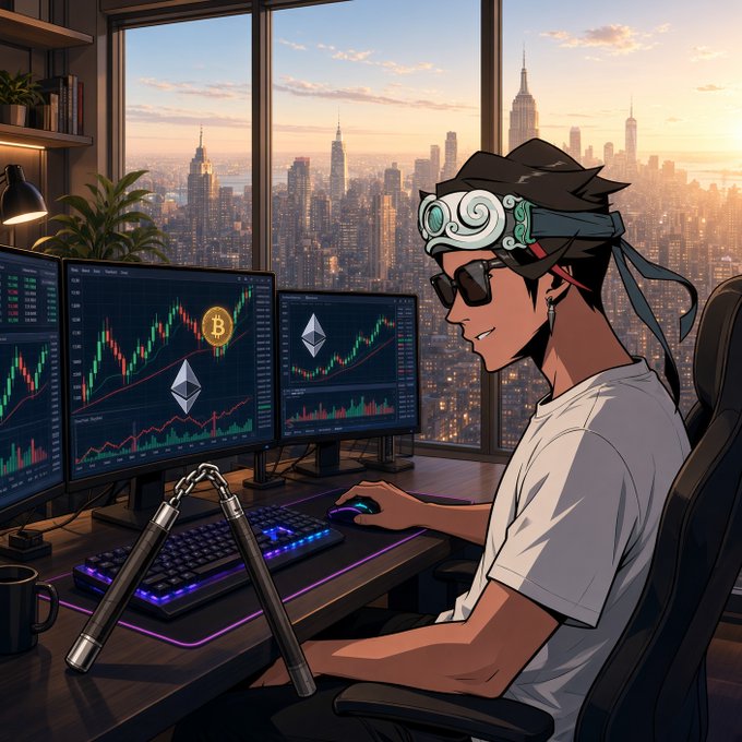 An anime-style illustration of a young man wearing a headband and sunglasses, trading cryptocurrency on multiple monitors displaying Bitcoin and Ethereum charts, with a city skyline view in the background.