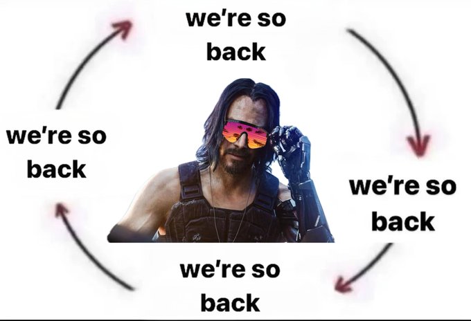 A "we're so back" meme featuring a sunglasses-wearing character (Johnny Silverhand from Cyberpunk 2077) surrounded by four circular arrows and the phrase "we're so back" repeated four times, humorously celebrating the arrival of the "SKR summer stimmy" mentioned in the post as a recurring financial windfall.