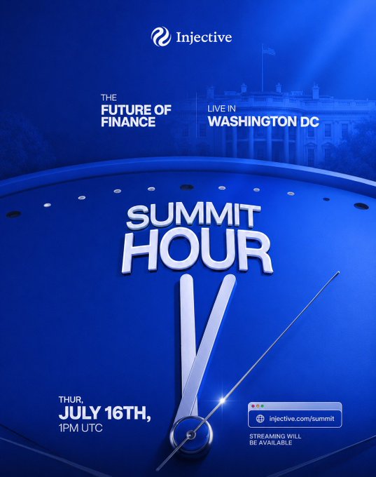 Promotional poster for Injective's 'Summit Hour' event featuring 'The Future of Finance' live in Washington DC on Thursday, July 16th at 1PM UTC, with a link to injective.com/summit.