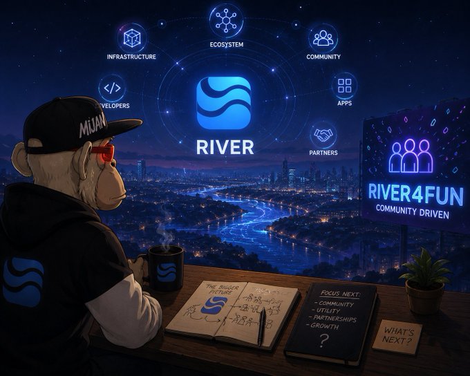 An illustrated monkey wearing a 'MIAN' cap and sunglasses sits at a desk overlooking a cityscape, with notes reading 'THE BIGGER PICTURE' and 'FOCUS NEXT: COMMUNITY, UTILITY, PARTNERSHIPS, GROWTH', alongside a 'RIVER4FUN' billboard.