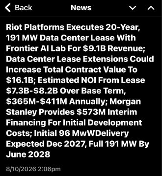 A mobile news article headline stating "Riot Platforms Executes 20-Year, 191 MW Data Center Lease With Frontier AI Lab For $9.1B Revenue" with delivery dates expected in 2027-2028, dated 8/10/2026.