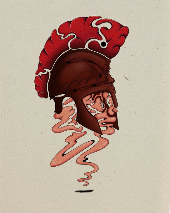 A stylized digital illustration of a Greek or Spartan helmet with a red plume, depicted with melting or dripping elements in coral and dark red tones.