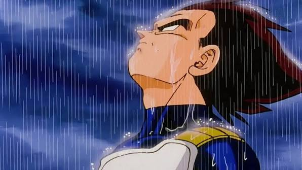An anime character with long dark hair tilts their head back in the rain, with water streaming down their face and blue and white armor visible.