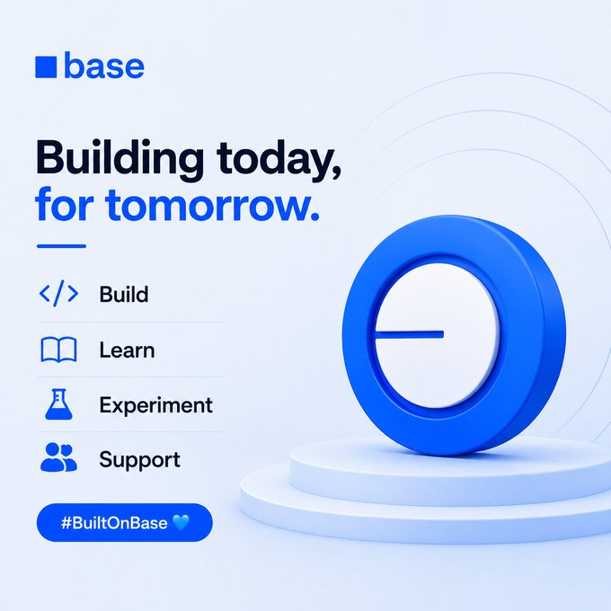 A Base promotional graphic with the text 'Building today, for tomorrow' featuring Build, Learn, Experiment, and Support options, alongside a blue 3D Base logo and the hashtag #BuiltOnBase.