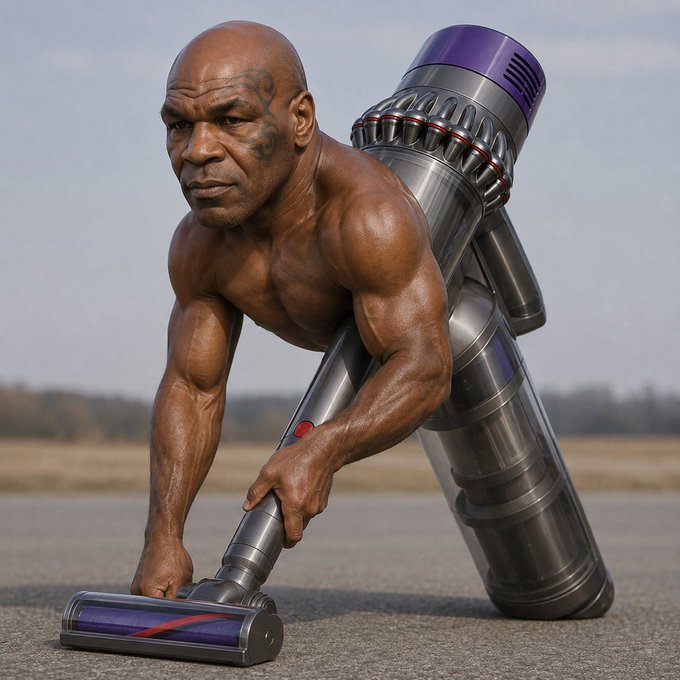 A muscular, bald Mike Tyson is crouched in a triple-pike push-up position on an airstrip, with a Dyson vacuum strapped to his back like a jetpack and another vacuum cleaning the ground in front of him—humorously visualizing the post's jab at Solana ("meanwhile on Solana") as an outdated, clunky relic while the user brags about the sleek new "blending" capability on Robinhood Chain.
