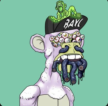 Cartoon illustration of a grotesque mutant monkey-like creature wearing a black cap labeled 'BAYC', featuring multiple eyeballs on its forehead and tentacle-like facial appendages.