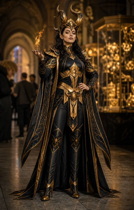 A fantasy-style illustration of a powerful female figure in ornate black and gold armor with horned headpiece, holding a flame in her hand, standing in a cathedral-like setting.