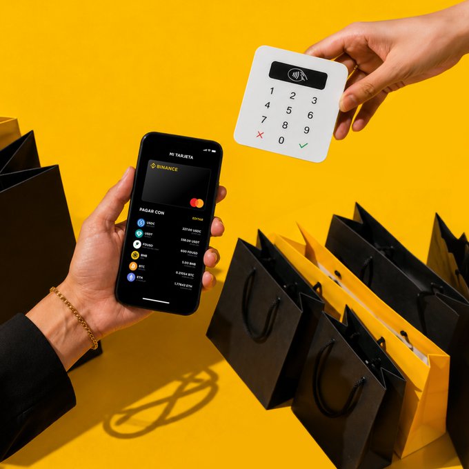 A hand holds a smartphone displaying a Binance crypto wallet with various coins like USDT, BTC, and ETH, while another hand presents a white payment terminal against a vibrant yellow background filled with black and yellow shopping bags, visually reinforcing the message that using the Binance Card to pay with crypto while shopping earns cashback.