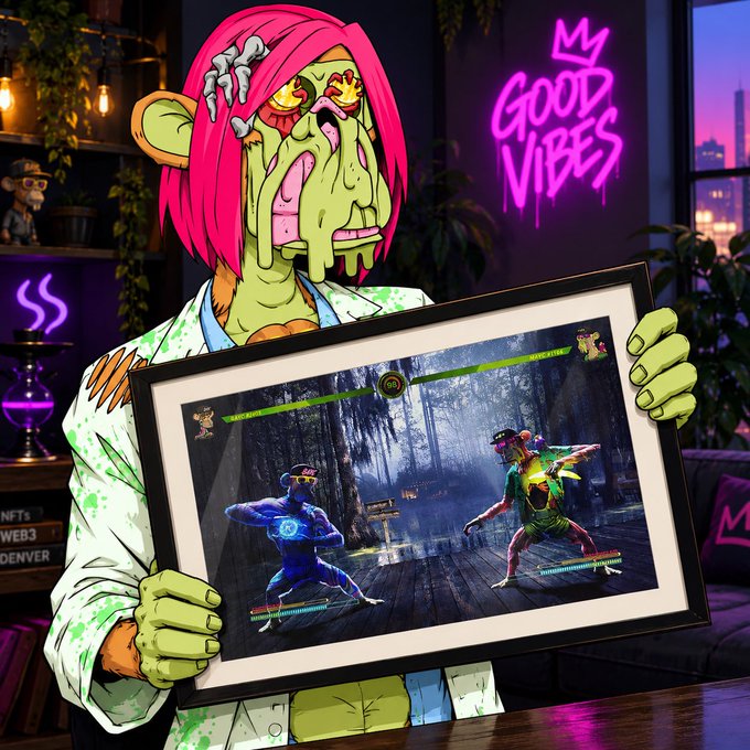 A vibrant digital illustration of a green-skinned, pink-haired character holding a framed picture of a fighting video game scene, set against a backdrop with neon signs reading 'GOOD VIBES' and 'WEB3 DENVER'.