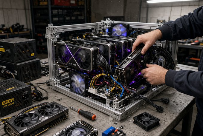 A person assembles a cryptocurrency mining rig with multiple GeForce RTX graphics cards in a workshop.