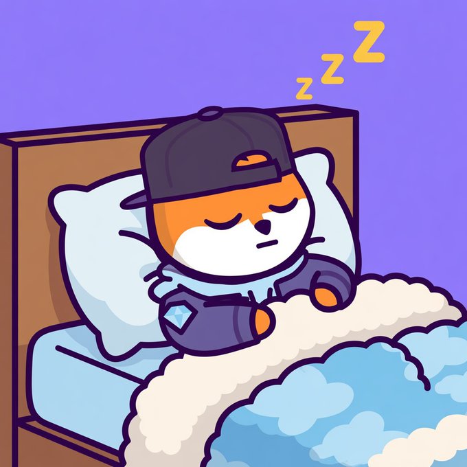 A cartoon fox character wearing a backwards cap sleeps peacefully in bed with a blue cloud-like blanket, with three yellow 'Z's floating above indicating snoring.