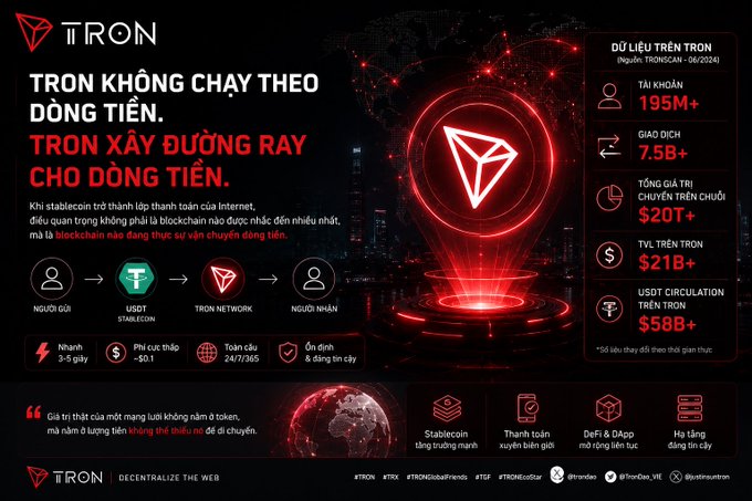 A Vietnamese-language promotional graphic for TRON cryptocurrency, highlighting statistics like 195M+ users, 7.5B+ transactions, and $20T+ total transfer volume, with the tagline 'DECENTRALIZE THE WEB'.