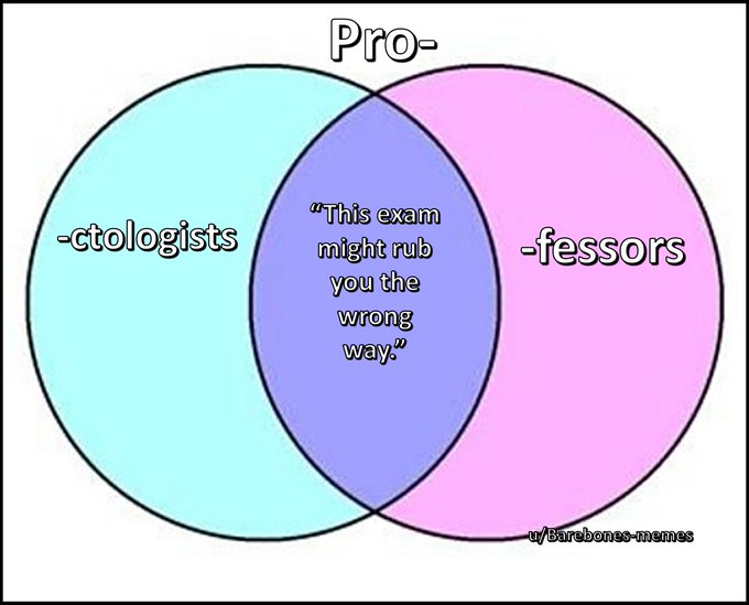 A Venn diagram meme by u/barebones-memes showing the wordplay between '-ctologists' and '-fessors' to create 'Proctologists'.