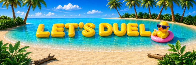 A vibrant 3D-rendered tropical beach scene features yellow floating letters spelling 'LET'S DUEL' next to a rubber duck wearing sunglasses in a pink floatie.