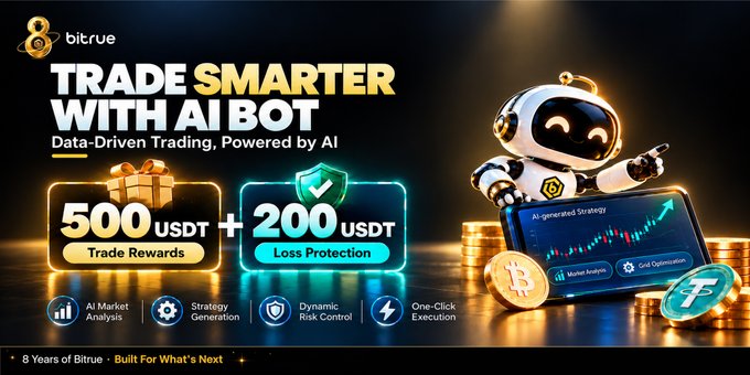 A promotional banner for Bitrue's AI trading bot featuring a cartoon robot mascot alongside Bitcoin and Tether coins, highlighting offers of 500 USDT in Trade Rewards plus 200 USDT in Loss Protection, with features including AI Market Analysis, Strategy Generation, Dynamic Risk Control, and One-Click Execution—directly visualizing the post's call to upgrade manual trading strategies using #BitrueAI.