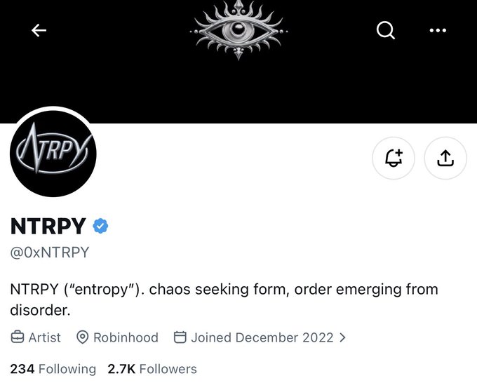 A screenshot of the Twitter/X profile for verified user @0xNTRPY, showing an eye logo and the bio "entropy, chaos seeking form, order emerging from disorder," with 2.7K followers and a free mint announcement teased in the post.